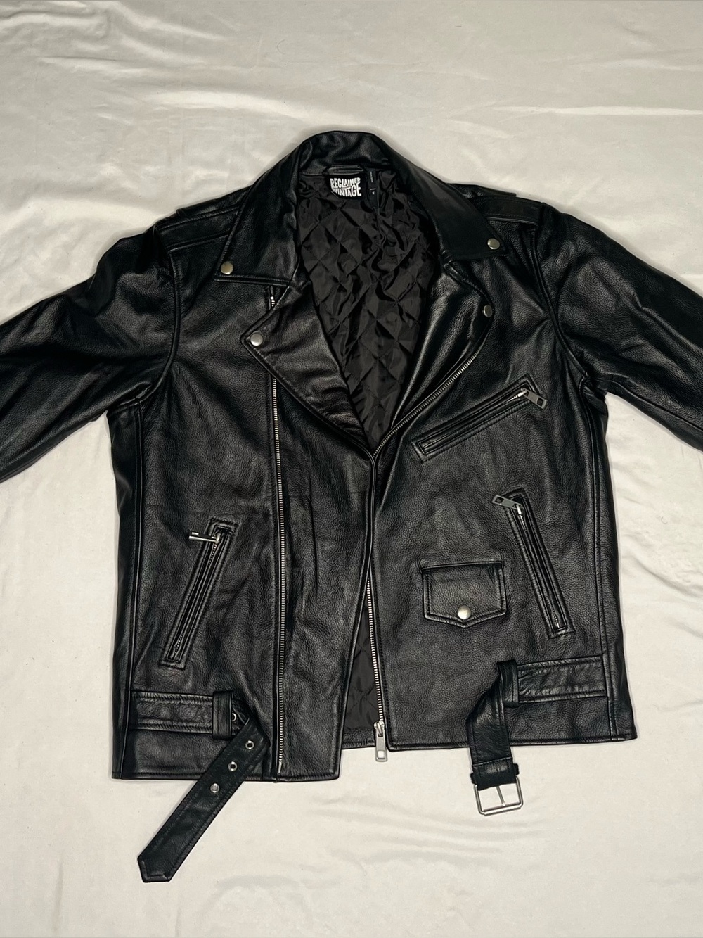 Reclaimed Vintage Black Leather Bomber-Style Moto Jacket